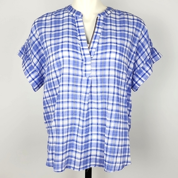 Tommy Hilfiger Women's Blue White Plaid Cotton Popover Short Sleeves Shirt Small - Picture 3 of 15